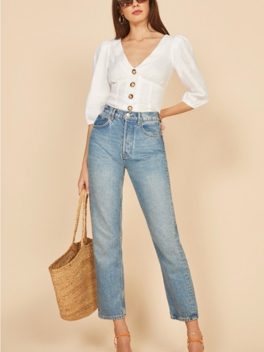 Reformation Anton Linen Button Front Puff Sleeve Top White Size 4